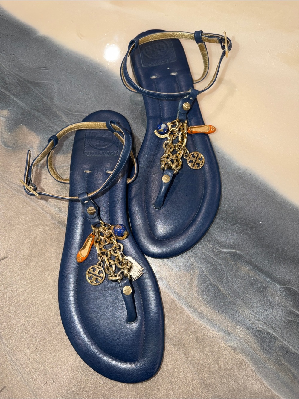 Tory Burch Navy Blue T-Strap Sandals with Gold Charm Chain